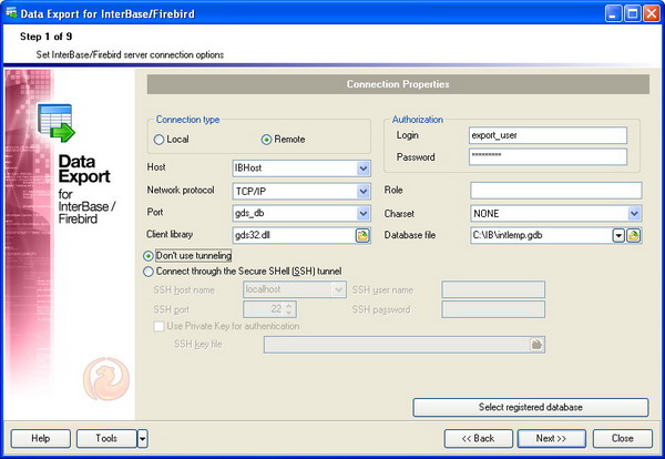 Exporting Data from InterBase or Firebird: Setting Connection Options